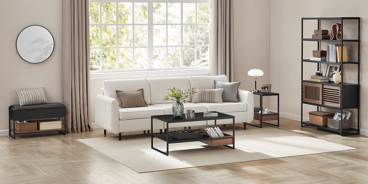 VASAGLE Biblioteca cu 5 rafturi si dulap, rama metalica si finisaj MDF nuc, 100x35x180 cm, negru