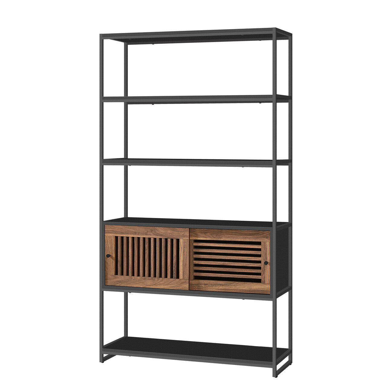 VASAGLE Biblioteca cu 5 rafturi si dulap, rama metalica si finisaj MDF nuc, 100x35x180 cm, negru
