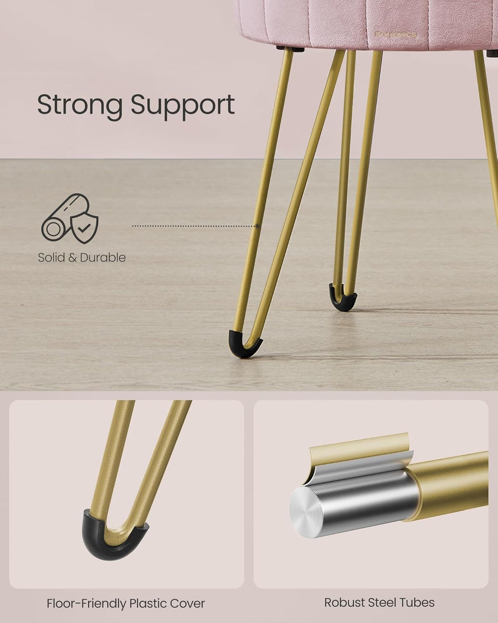 SONGMICS Taburet rotund cu spatiu de depozitare, tapitat catifea, 32x39x44 cm, roz