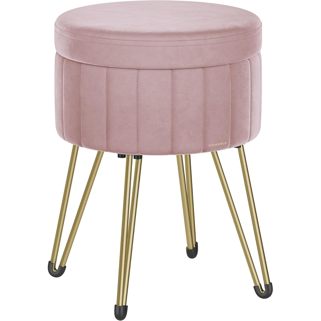 SONGMICS Taburet rotund cu spatiu de depozitare, tapitat catifea, 32x39x44 cm, roz