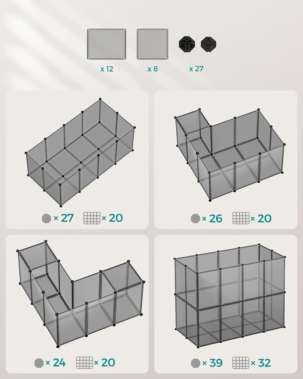 SONGMICS Tarc modular pentru animale mici, ABS, configurabil, 125x63x42 cm, gri