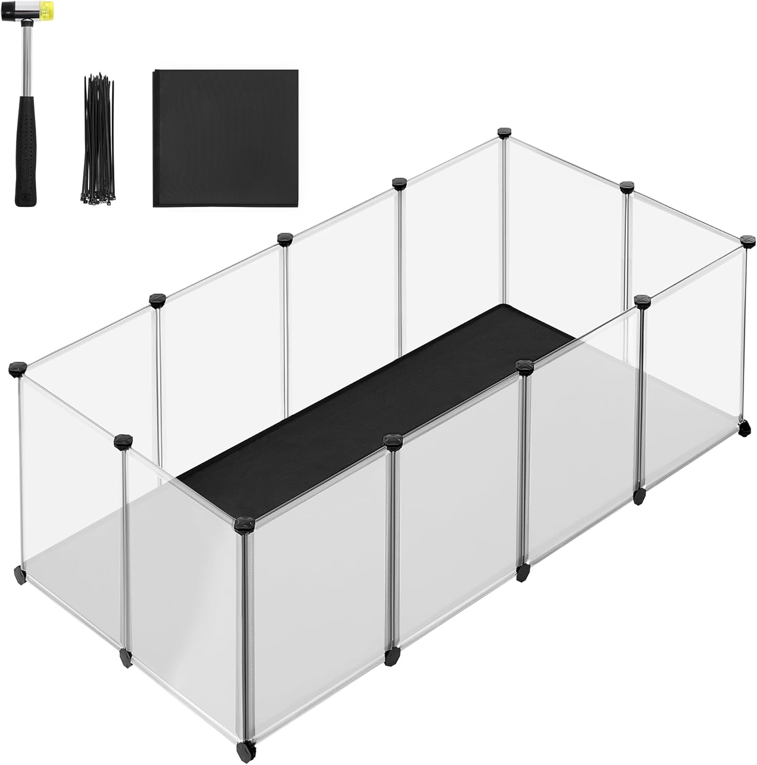SONGMICS Tarc animale mici modular cu placi de baza si covoras impermeabil, 145x73x57 cm, transparent