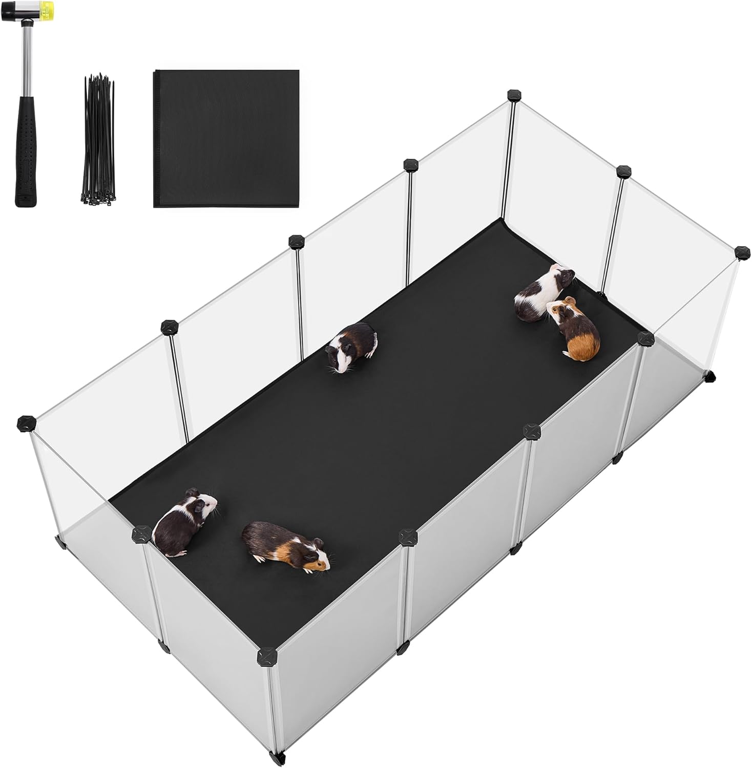 SONGMICS Tarc animale mici modular cu placi de baza si covoras impermeabil, 145x73x57 cm, transparent