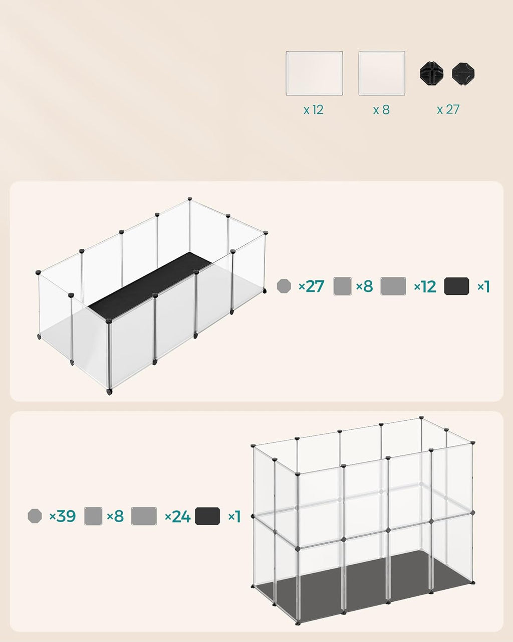 SONGMICS Tarc animale mici modular cu placi de baza si covoras impermeabil, 143x73x46 cm, transparent