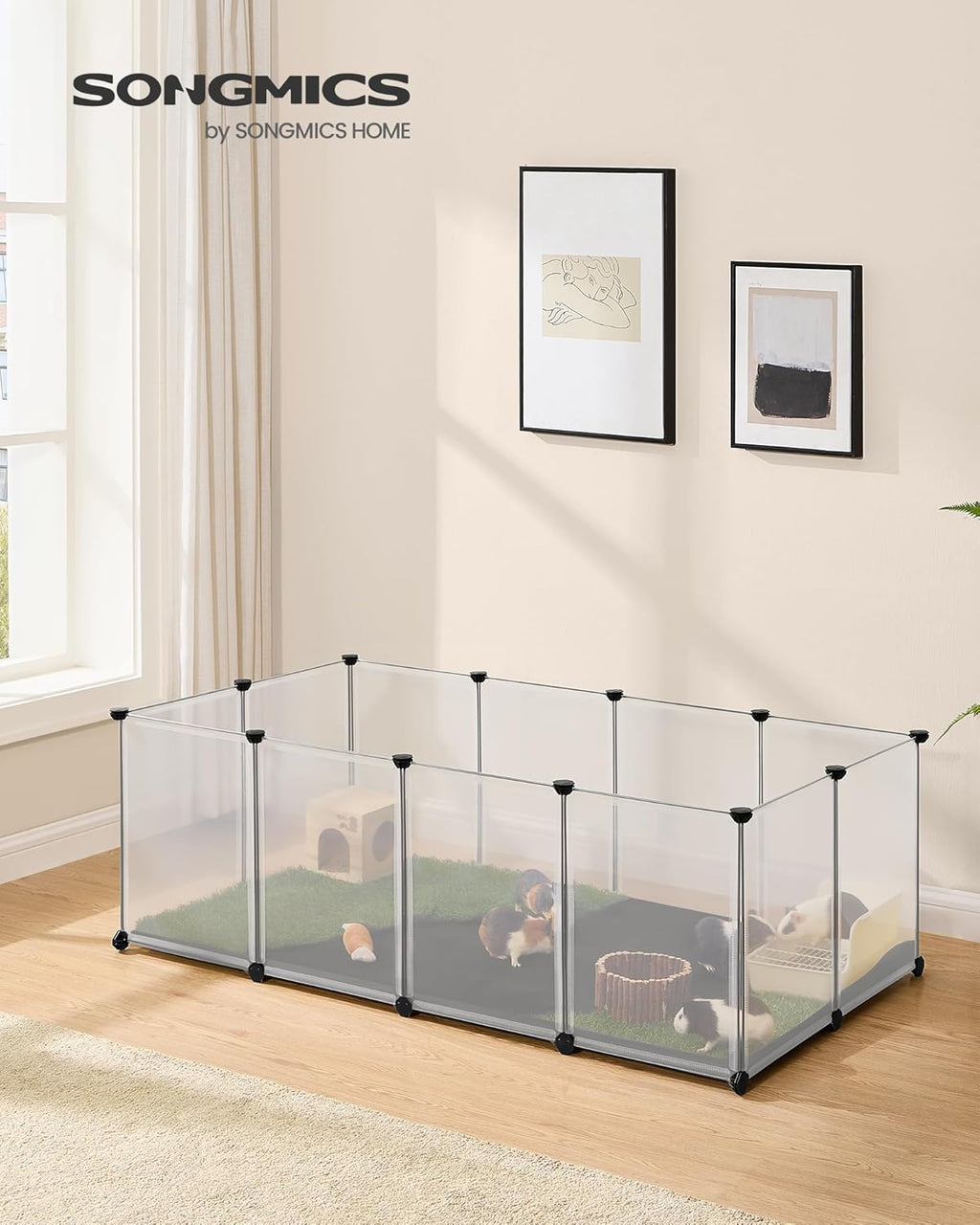 SONGMICS Tarc animale mici modular cu placi de baza si covoras impermeabil, 145x73x57 cm, transparent