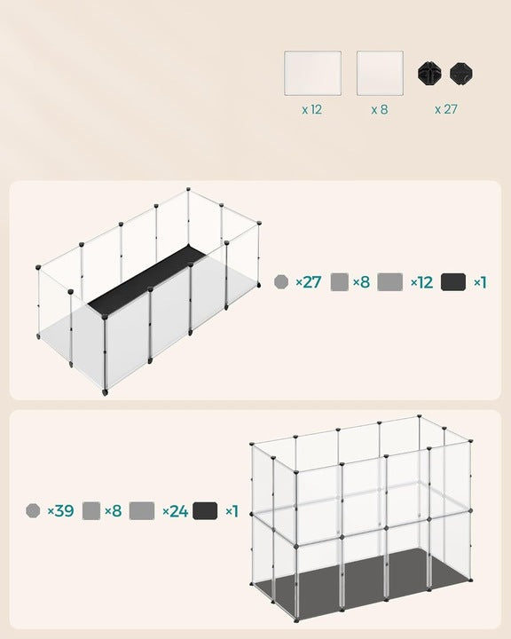 SONGMICS Tarc animale mici modular cu placi de baza si covoras impermeabil, 145x73x57 cm, transparent