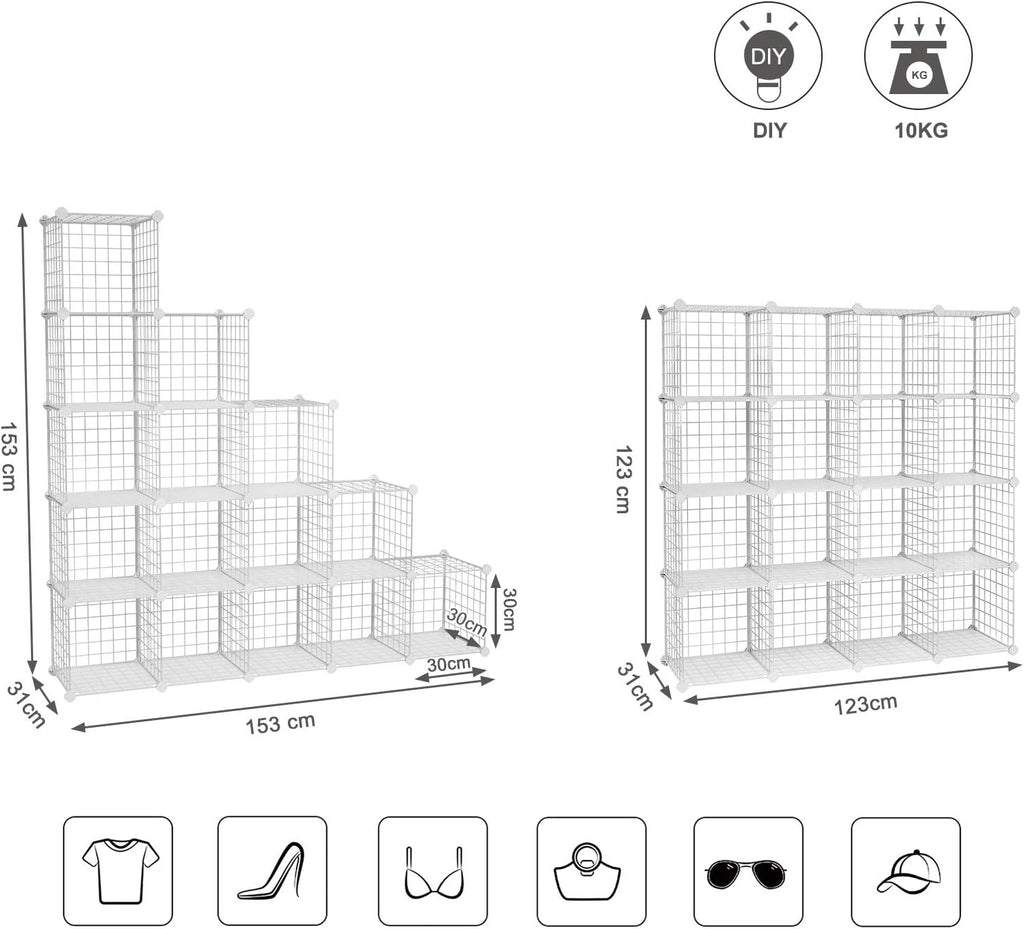 SONGMICS Organizator cu 16 cuburi modulare de depozitare, configurabil, metalic, 123x31x123cm, alb