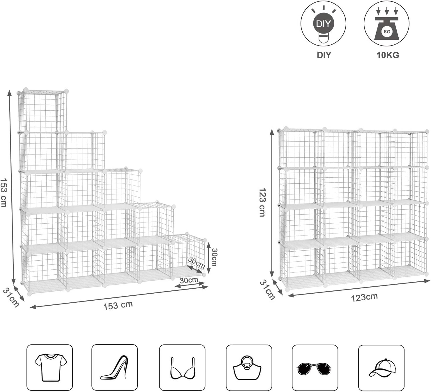 SONGMICS Organizator cu 16 cuburi modulare de depozitare, configurabil, metalic, 123x31x123cm, alb