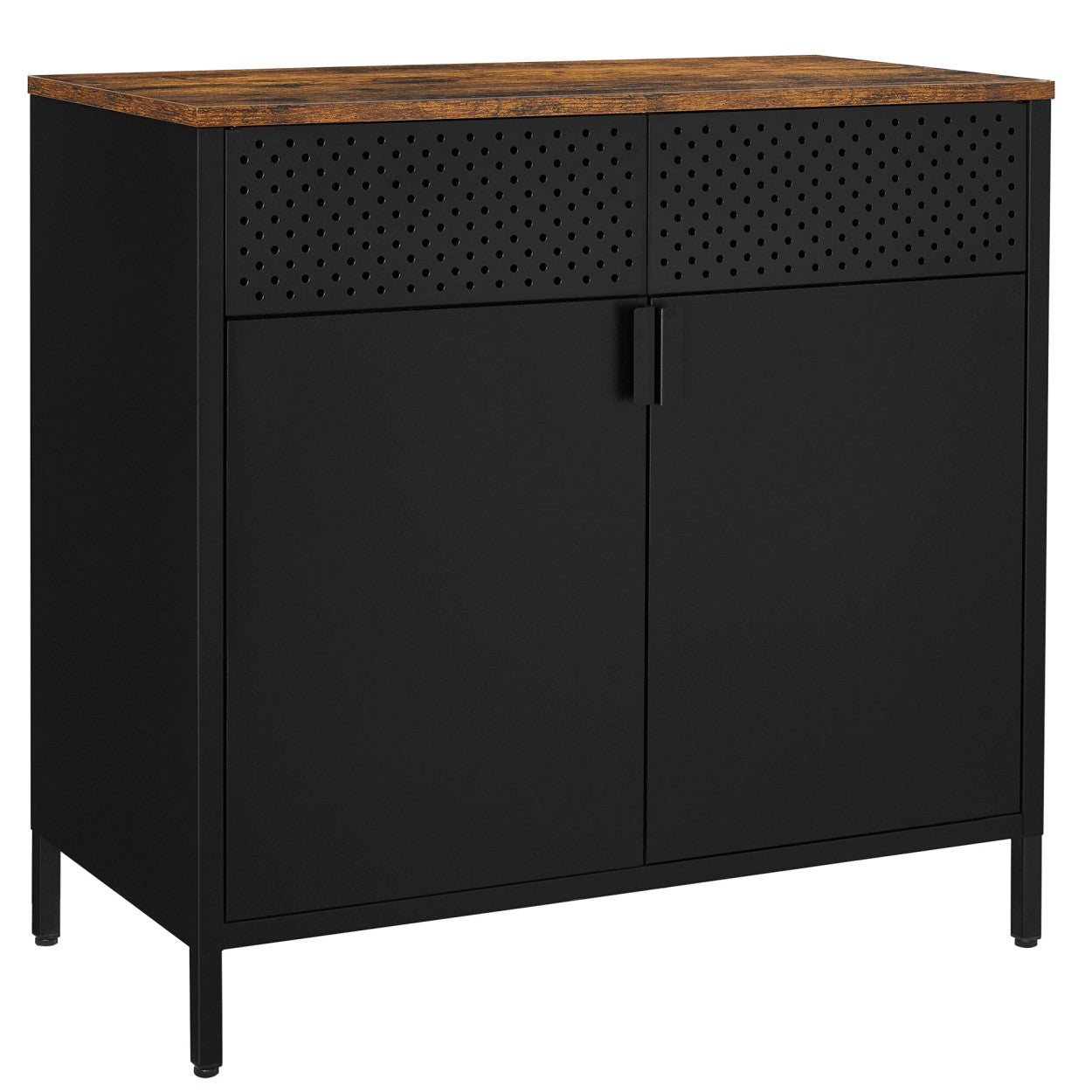 SONGMICS Dulap de depozitare 80x40x76 cm, negru si maro rustic, stil industrial, otel si PAL, cu 2 usi, 1 sertar si panou perforat