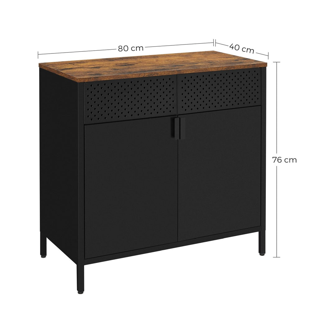 SONGMICS Dulap de depozitare 80x40x76 cm, negru si maro rustic, stil industrial, otel si PAL, cu 2 usi, 1 sertar si panou perforat