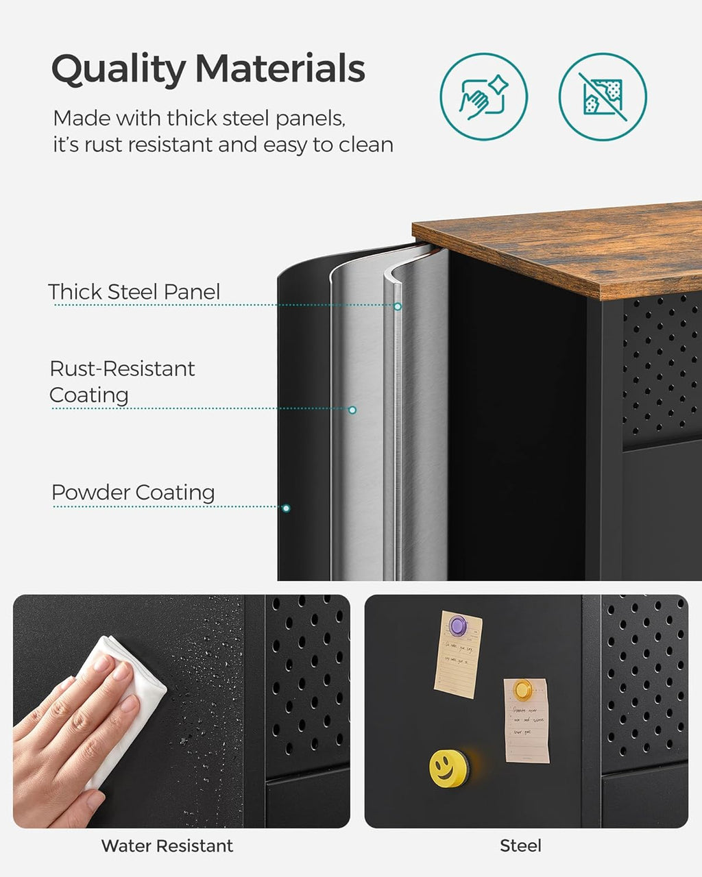 SONGMICS Dulap de depozitare 80x40x76 cm, negru si maro rustic, stil industrial, otel si PAL, cu 2 usi, 1 sertar si panou perforat