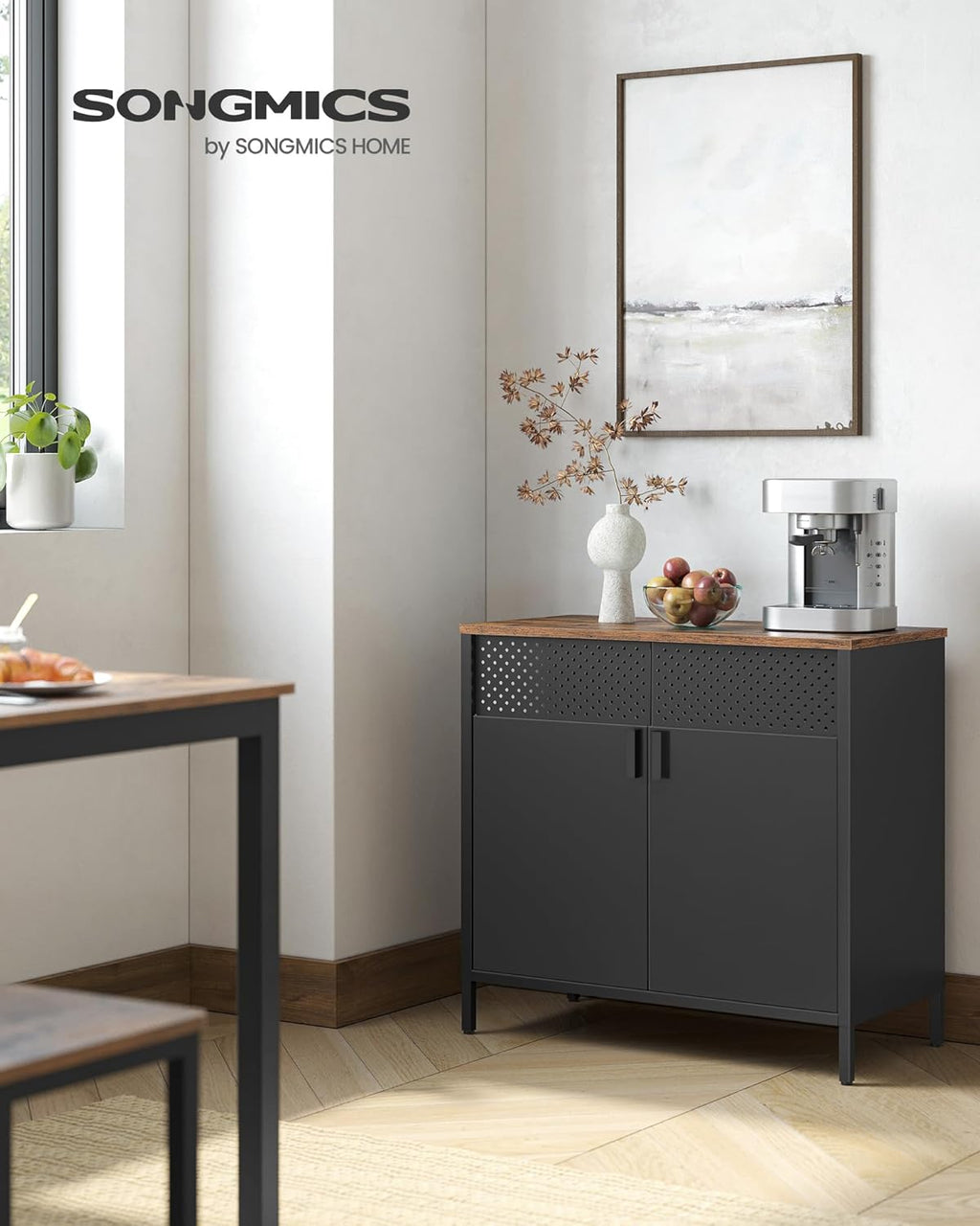 SONGMICS Dulap de depozitare 80x40x76 cm, negru si maro rustic, stil industrial, otel si PAL, cu 2 usi, 1 sertar si panou perforat