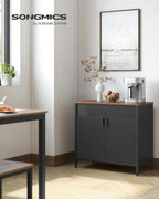 SONGMICS Dulap de depozitare 80x40x76 cm, negru si maro rustic, stil industrial, otel si PAL, cu 2 usi, 1 sertar si panou perforat