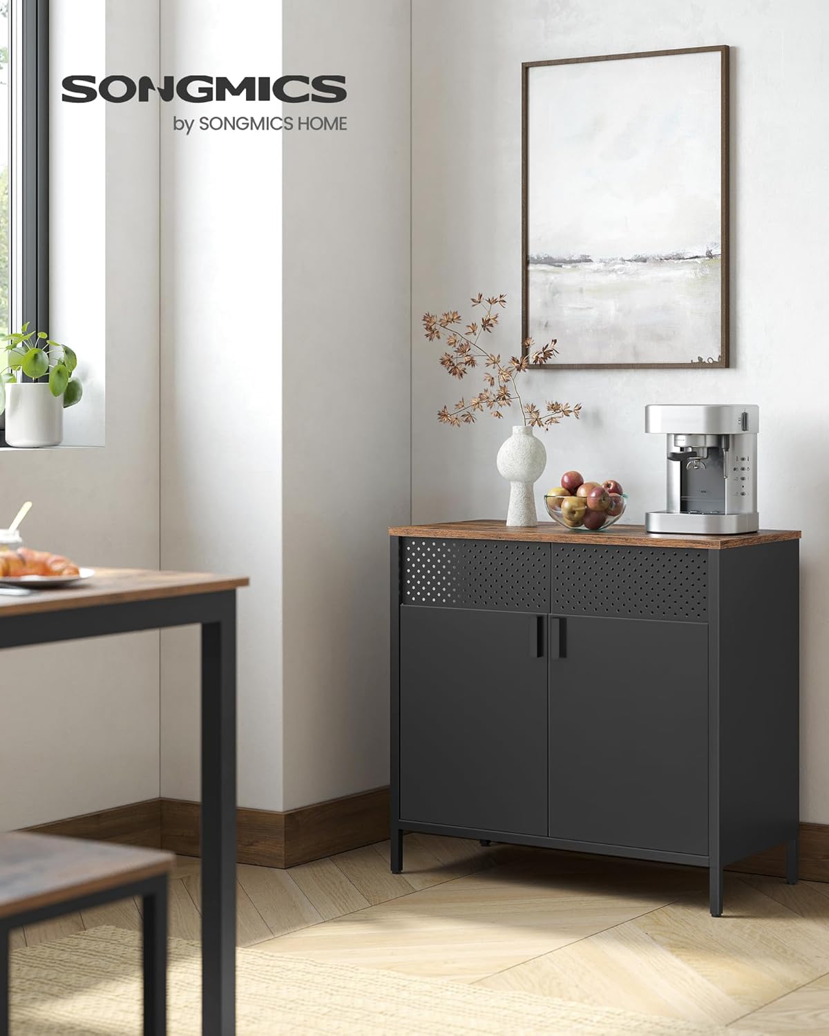 SONGMICS Dulap de depozitare 80x40x76 cm, negru si maro rustic, stil industrial, otel si PAL, cu 2 usi, 1 sertar si panou perforat