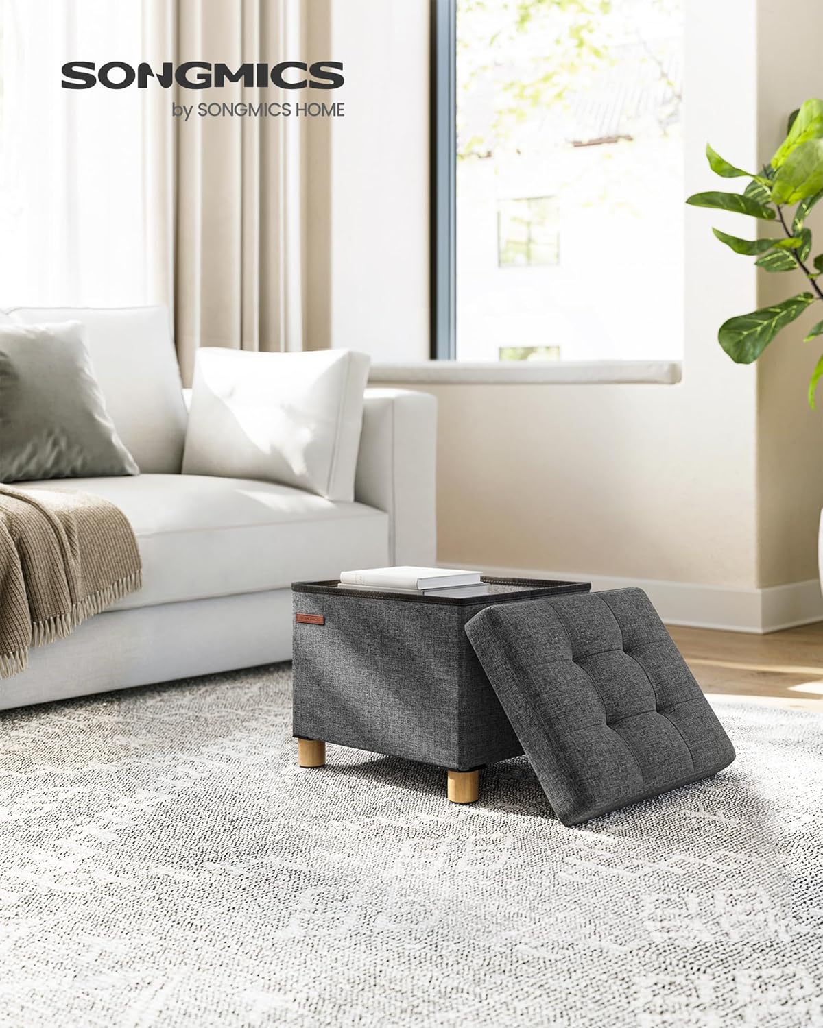 SONGMICS Taburet depozitare pliabil cu picioare din lemn, capitonat cu tesatura tip in, 40x32x34 cm, gri inchis