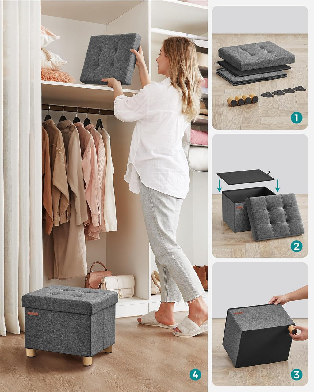 SONGMICS Taburet depozitare pliabil cu picioare din lemn, capitonat cu tesatura tip in, 40x32x34 cm, gri inchis