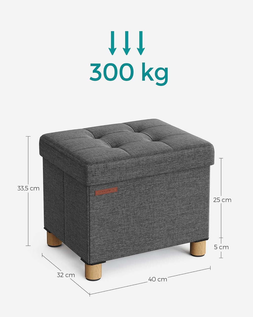 SONGMICS Taburet depozitare pliabil cu picioare din lemn, capitonat cu tesatura tip in, 40x32x34 cm, gri inchis
