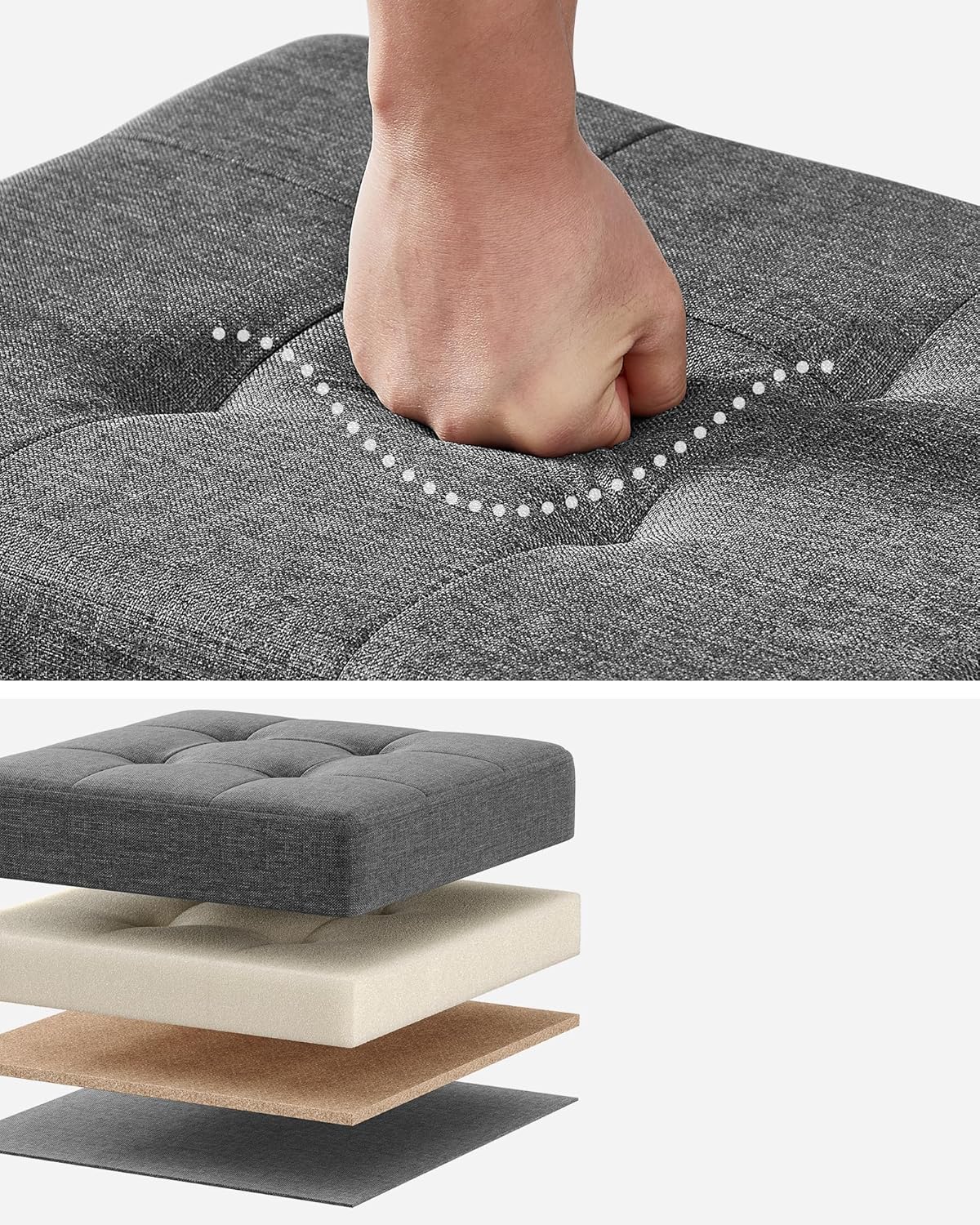 SONGMICS Taburet depozitare pliabil cu picioare din lemn, capitonat cu tesatura tip in, 40x32x34 cm, gri inchis