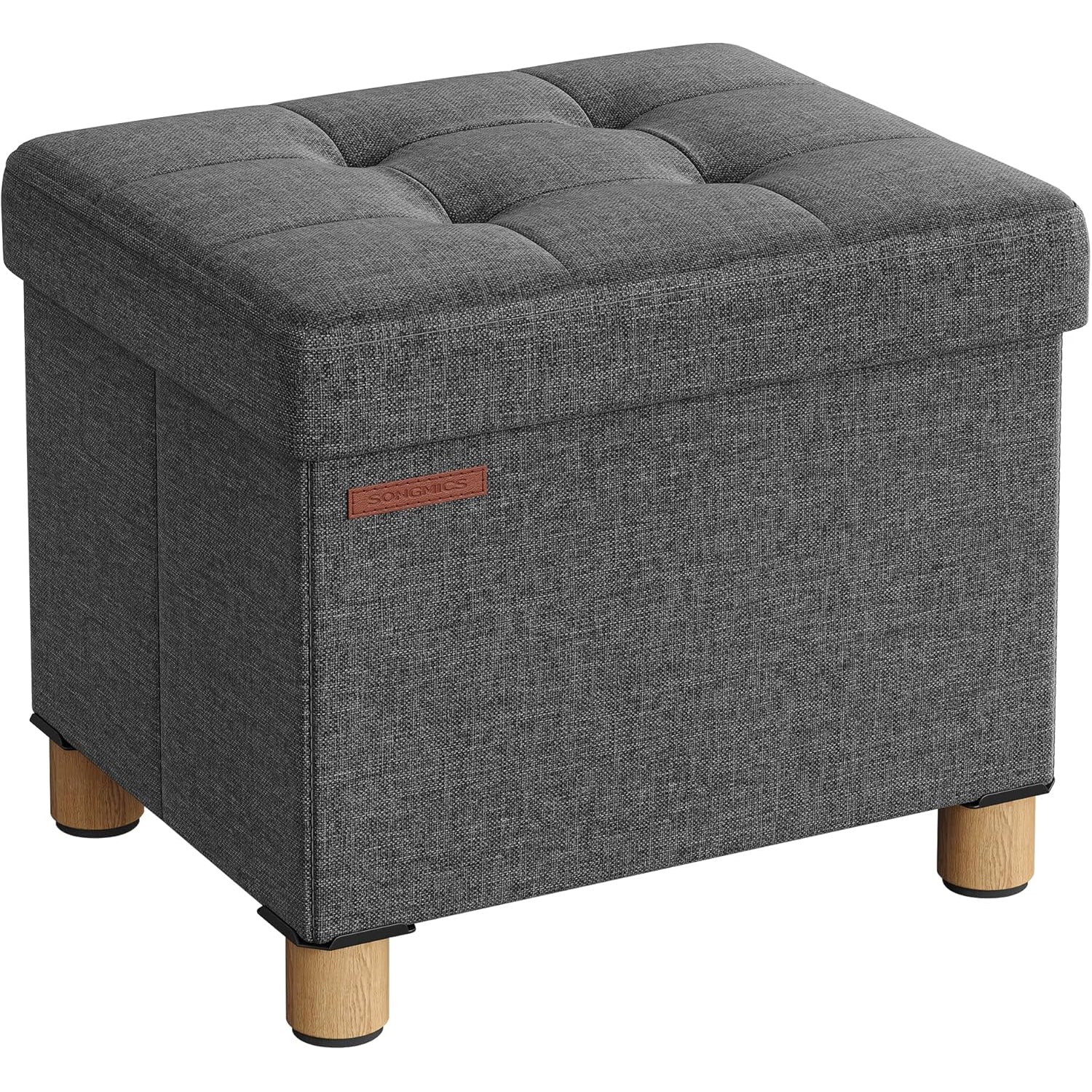 SONGMICS Taburet depozitare pliabil cu picioare din lemn, capitonat cu tesatura tip in, 40x32x34 cm, gri inchis