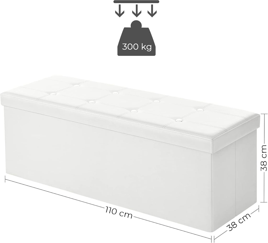 SONGMICS Taburet pliabil cu spatiu de depozitare, 3 locuri, imitatie piele, 110x38x38 cm, alb