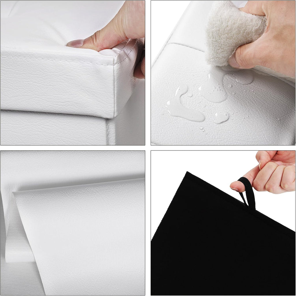 SONGMICS Taburet pliabil cu spatiu de depozitare, 3 locuri, imitatie piele, 110x38x38 cm, alb