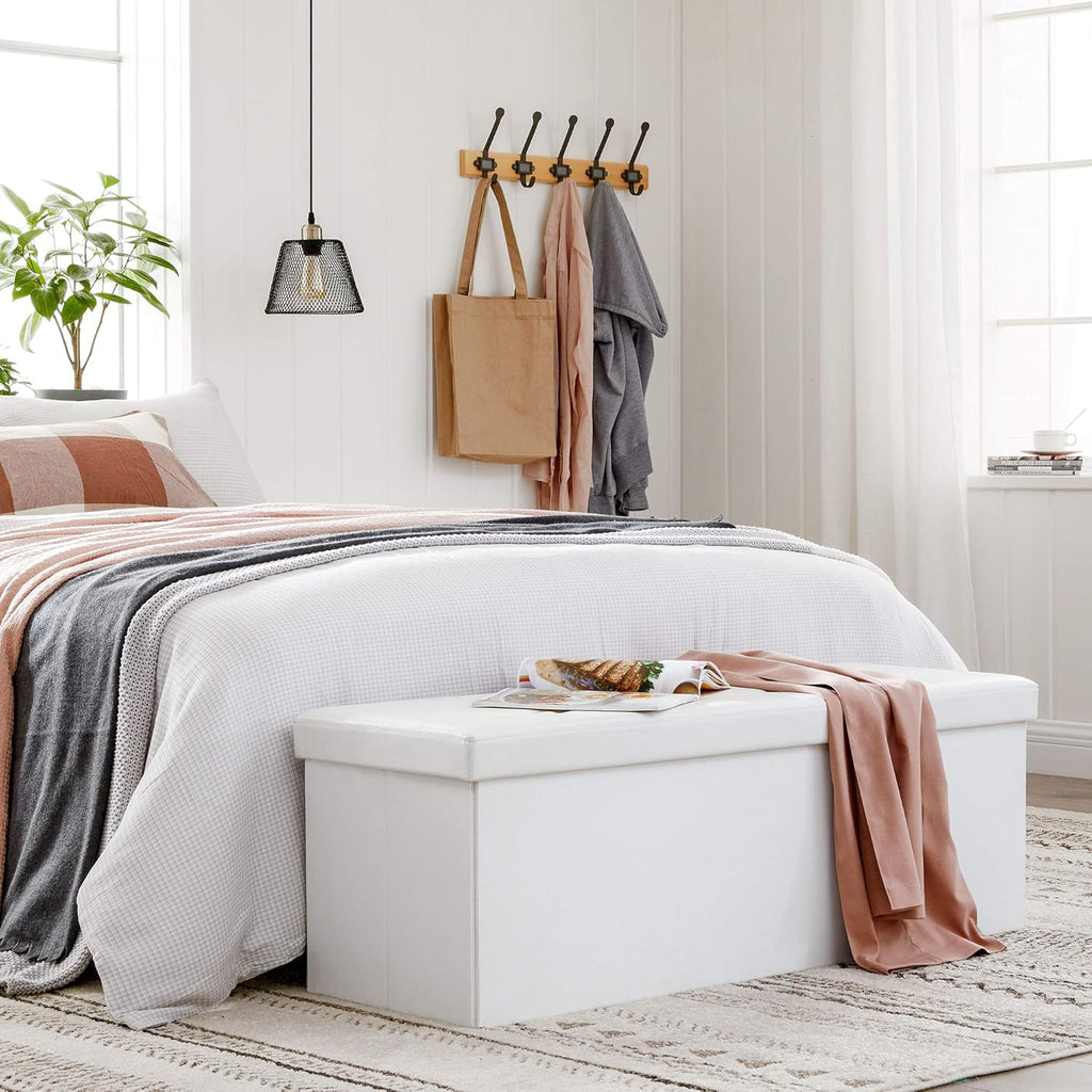 SONGMICS Taburet pliabil cu spatiu de depozitare, 3 locuri, imitatie piele, 110x38x38 cm, alb