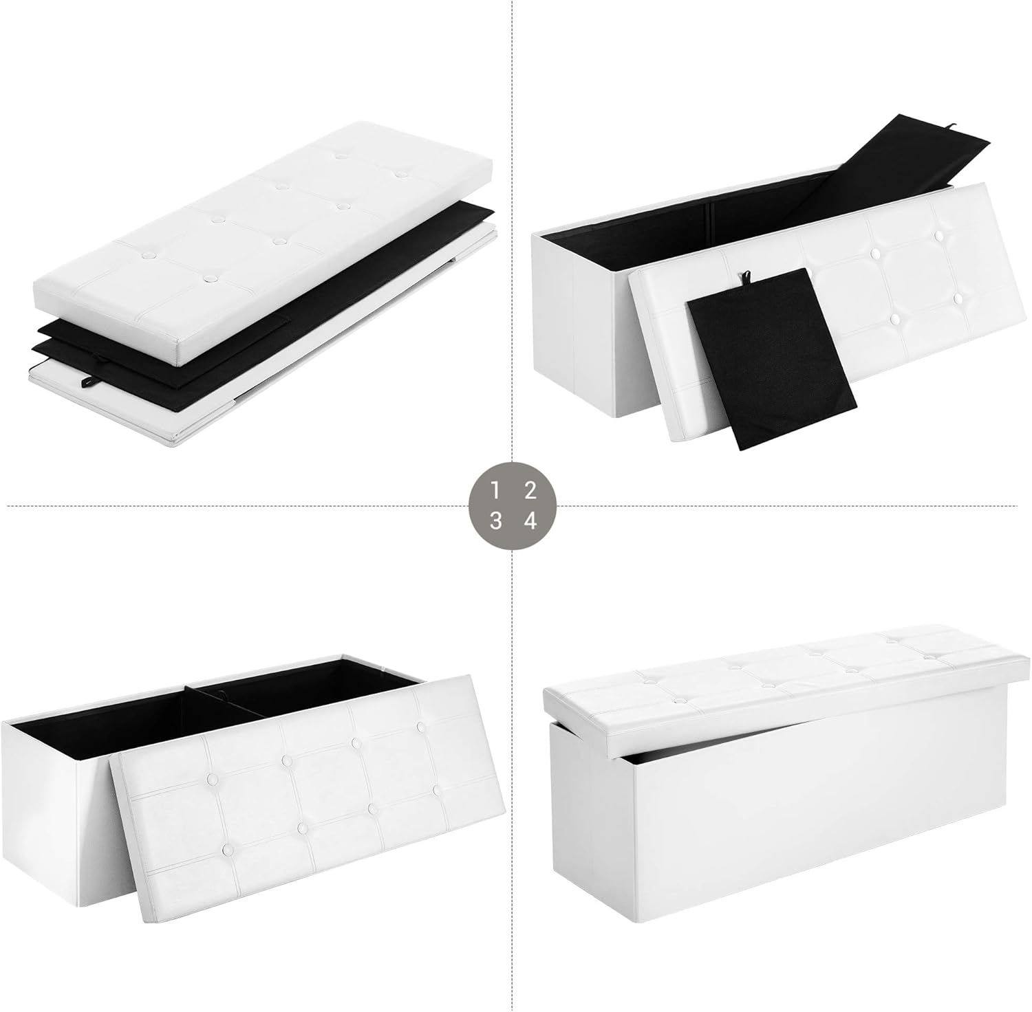 SONGMICS Taburet pliabil cu spatiu de depozitare, 3 locuri, imitatie piele, 110x38x38 cm, alb