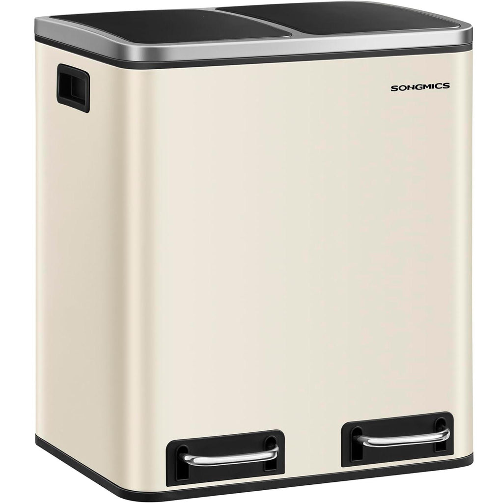 SONGMICS Cos de gunoi dublu 41x32x47 cm, 2x15L, pedale separate, capac soft-close si galeata detasabila, bej si negru