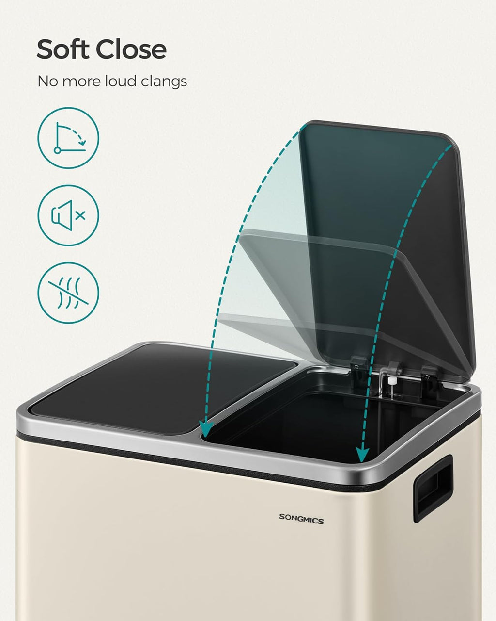 SONGMICS Cos de gunoi dublu 41x32x47 cm, 2x15L, pedale separate, capac soft-close si galeata detasabila, bej si negru