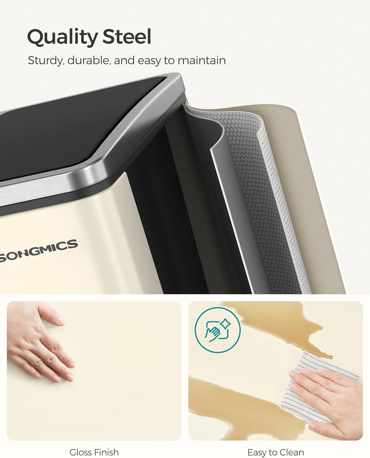 SONGMICS Cos de gunoi dublu 41x32x47 cm, 2x15L, pedale separate, capac soft-close si galeata detasabila, bej si negru