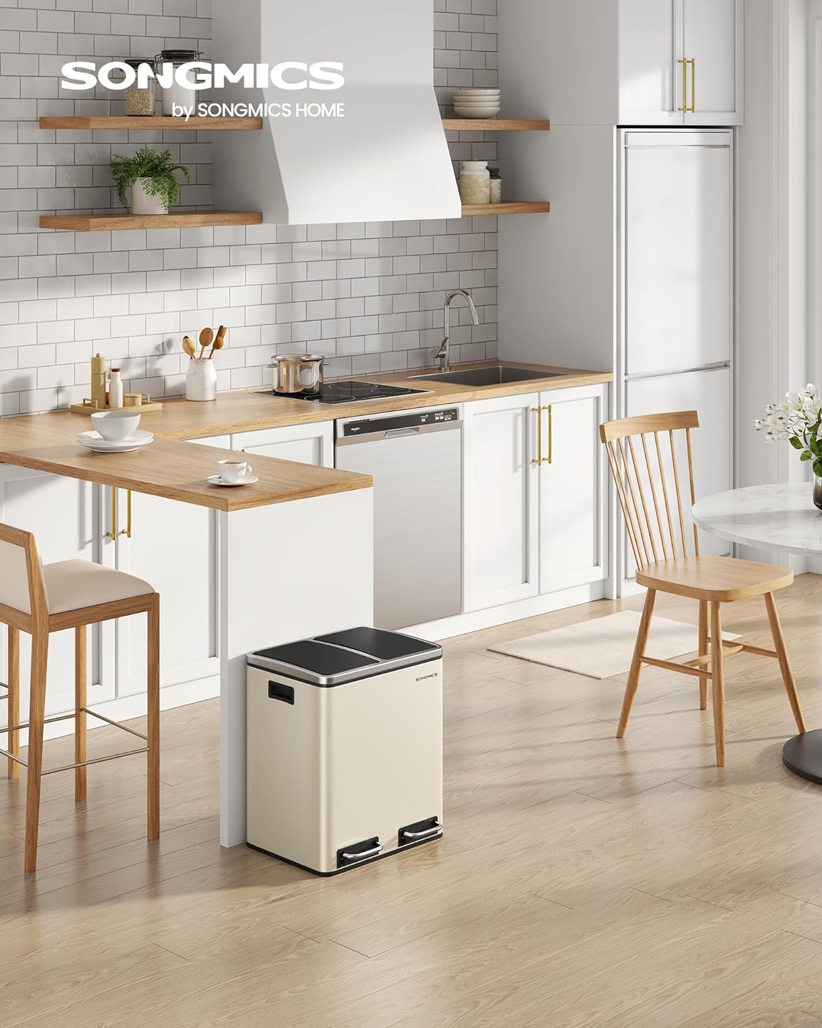 SONGMICS Cos de gunoi dublu 41x32x47 cm, 2x15L, pedale separate, capac soft-close si galeata detasabila, bej si negru