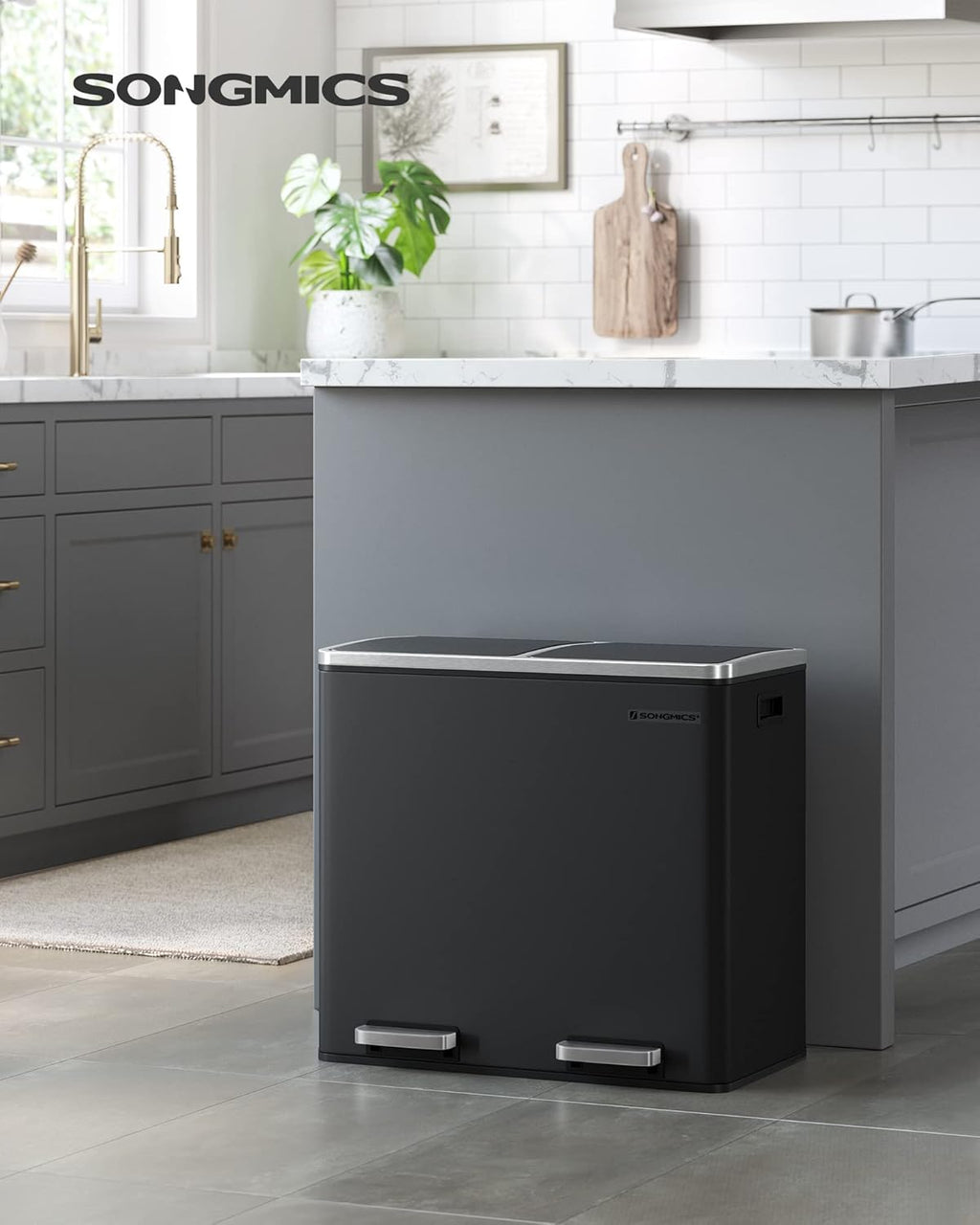 SONGMICS Cos de gunoi din inox cu 2 compartimente colectare selectiva, cu galeti interioare, 2x24 litri, negru