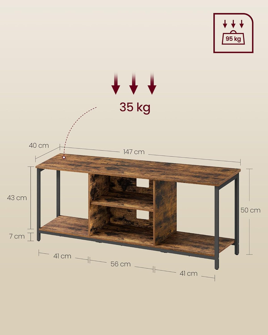 VASAGLE Comoda TV pentru televizoare pana la 65 inch, cadru metal, stil industrial, 147x40x50 cm, maro rustic