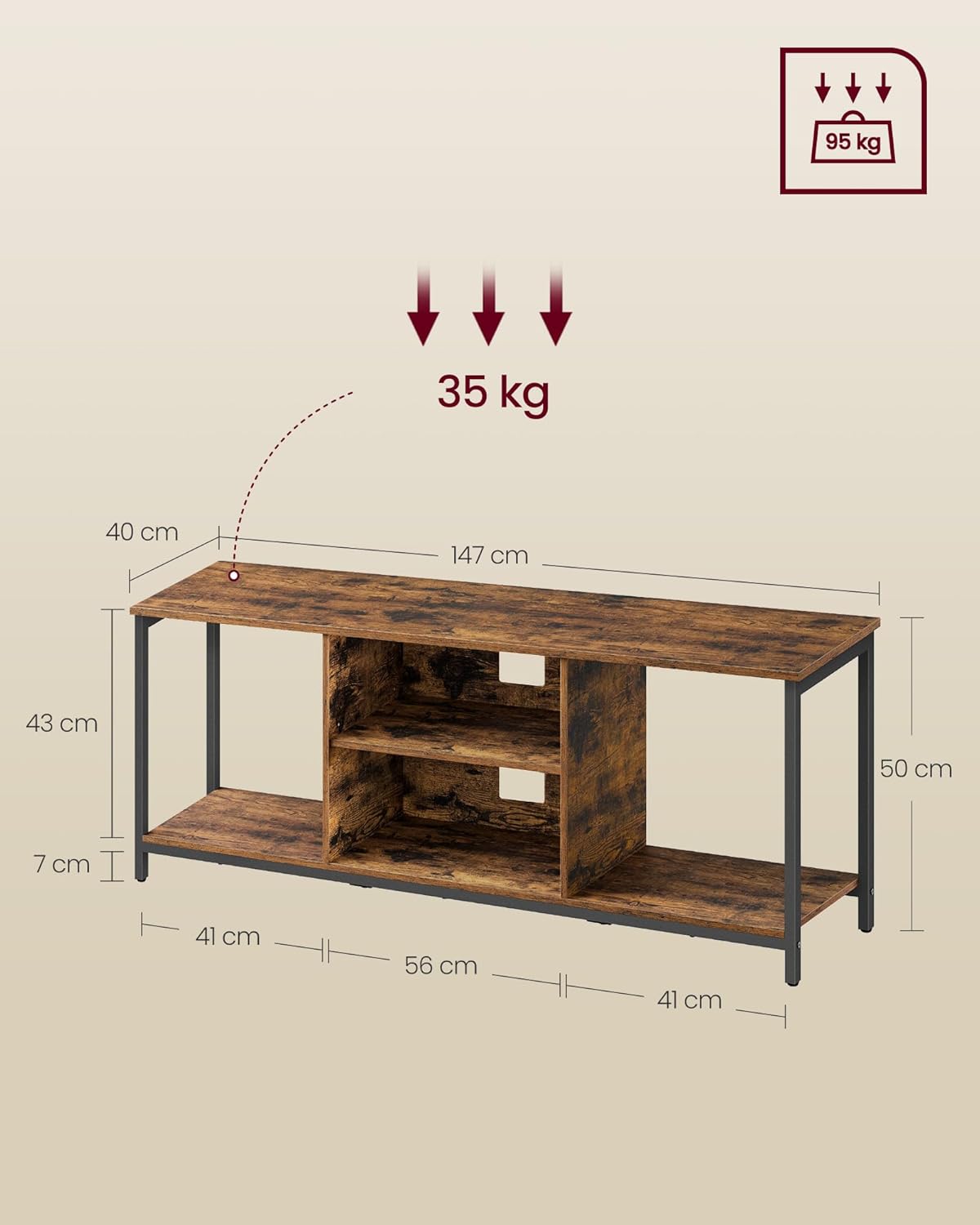 VASAGLE Comoda TV pentru televizoare pana la 65 inch, cadru metal, stil industrial, 147x40x50 cm, maro rustic