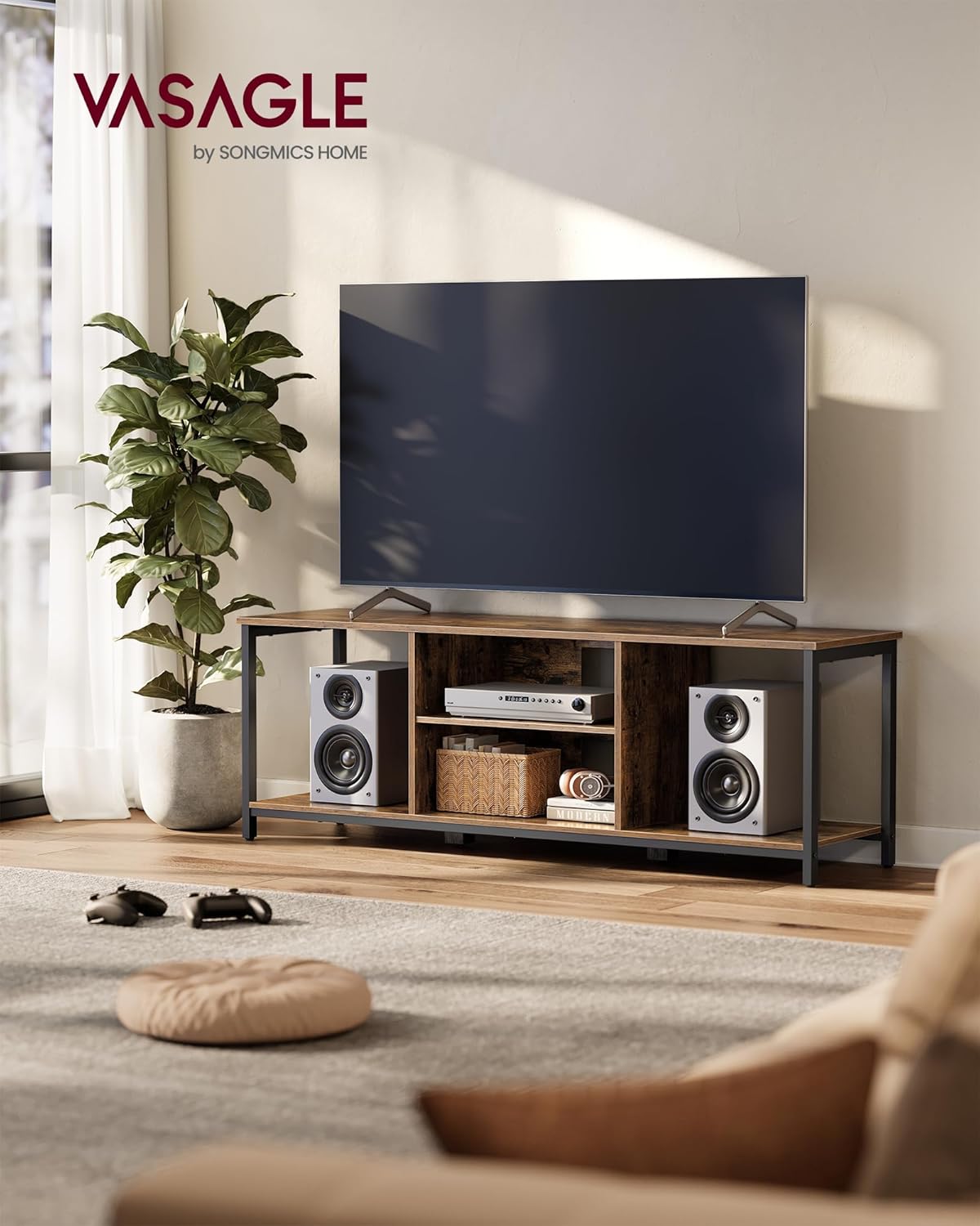 VASAGLE Comoda TV pentru televizoare pana la 65 inch, cadru metal, stil industrial, 147x40x50 cm, maro rustic