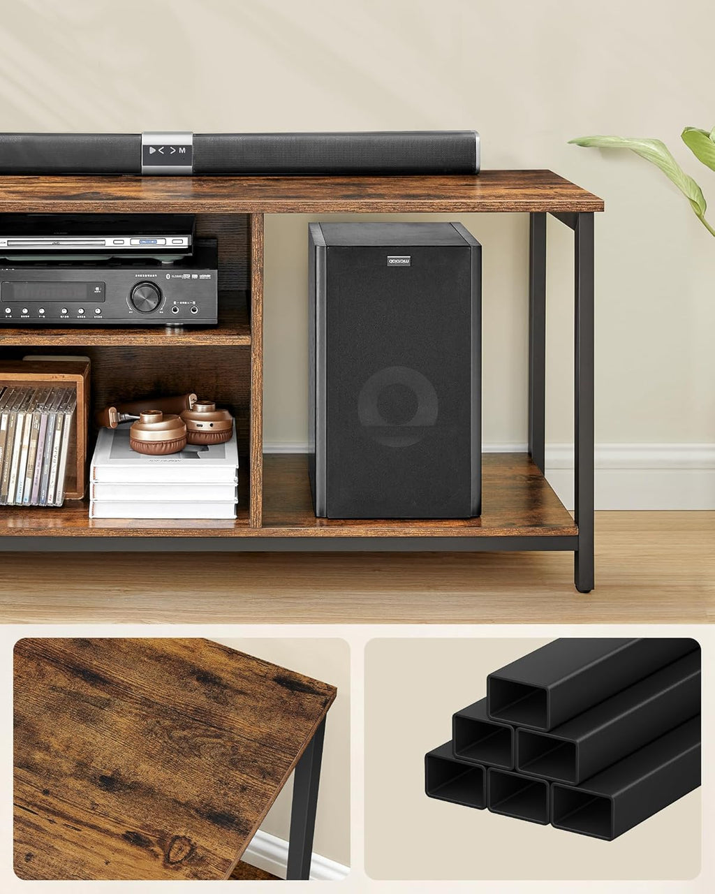 VASAGLE Comoda TV pentru televizoare pana la 65 inch, cadru metal, stil industrial, 147x40x50 cm, maro rustic