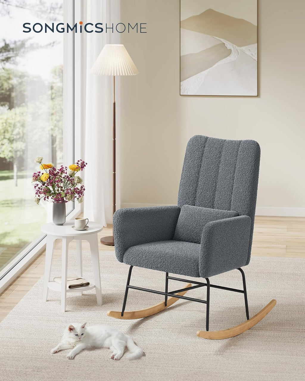 SONGMICS Fotoliu balansoar cu brate, cadru otel imbracat in fleece si picioare din lemn, 136 kg, gri