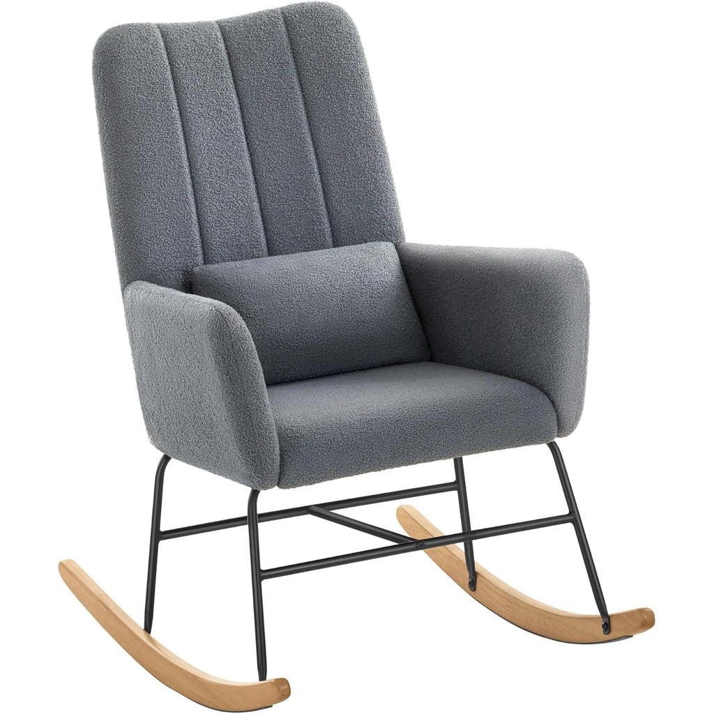 SONGMICS Fotoliu balansoar cu brate, cadru otel imbracat in fleece si picioare din lemn, 136 kg, gri