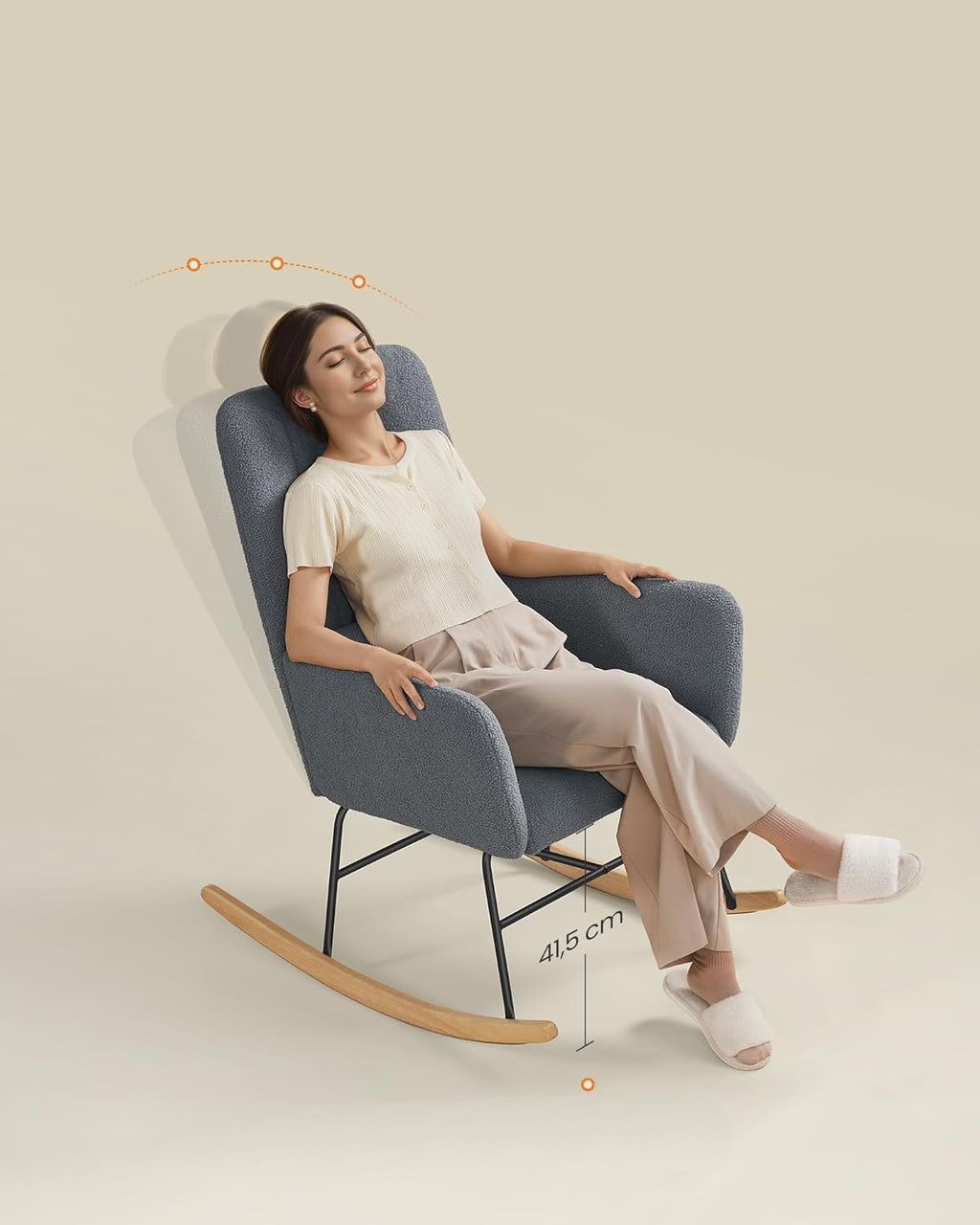 SONGMICS Fotoliu balansoar cu brate, cadru otel imbracat in fleece si picioare din lemn, 136 kg, gri