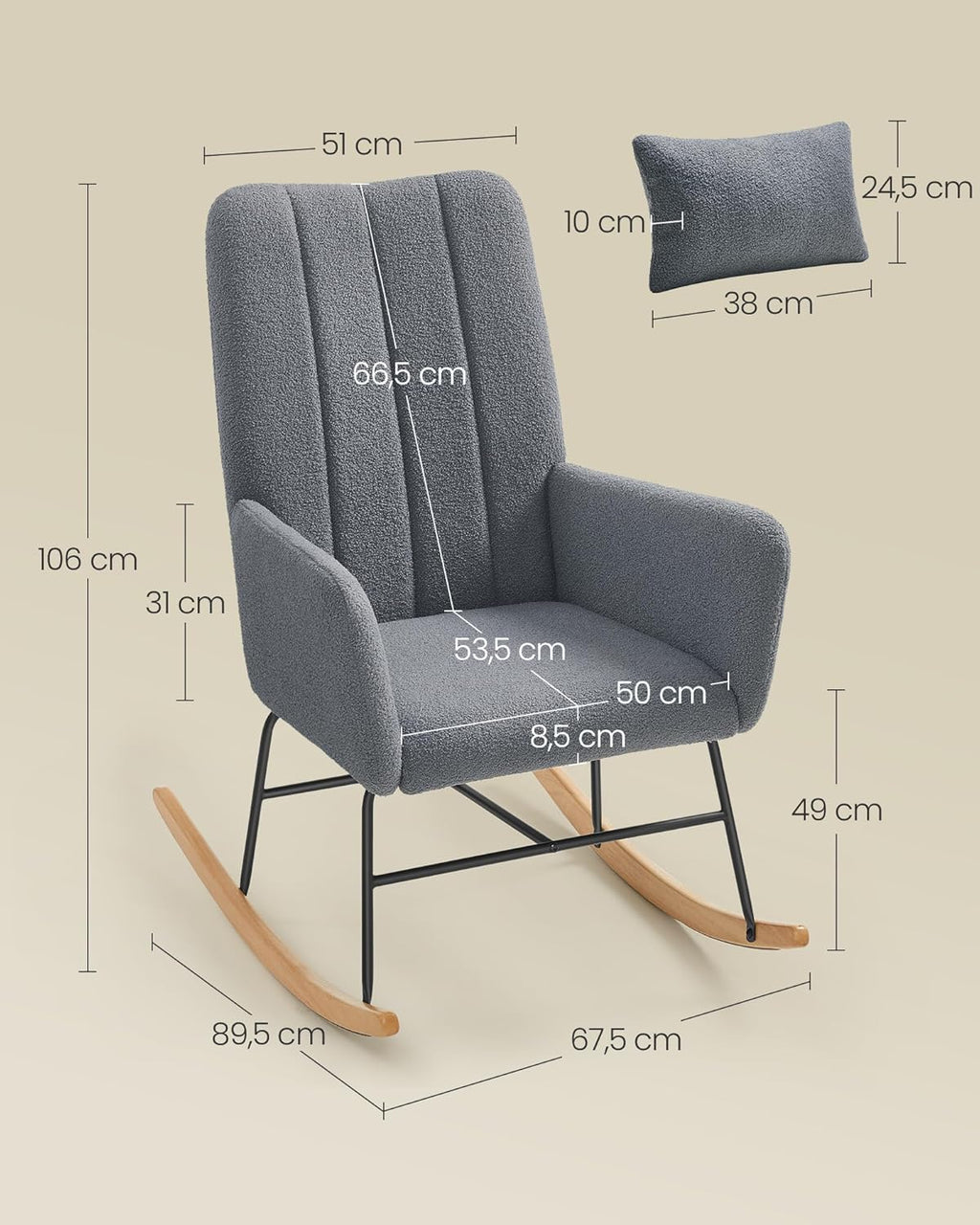 SONGMICS Fotoliu balansoar cu brate, cadru otel imbracat in fleece si picioare din lemn, 136 kg, gri