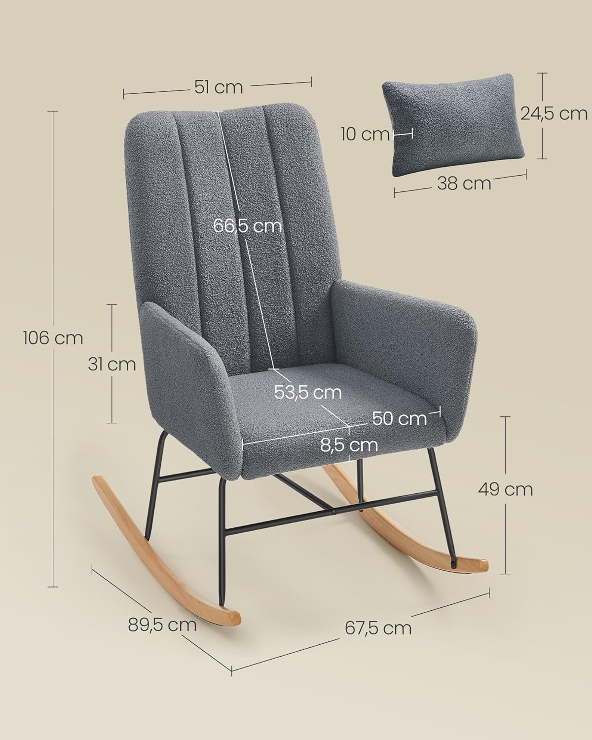 SONGMICS Fotoliu balansoar cu brate, cadru otel imbracat in fleece si picioare din lemn, 136 kg, gri