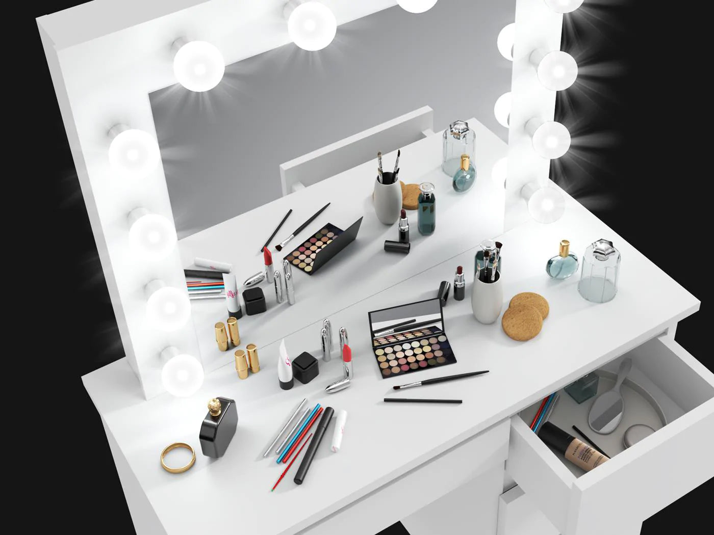 Oglinda machiaj cu 12 becuri LED, lumina neutra, 80x10x65 cm, alb