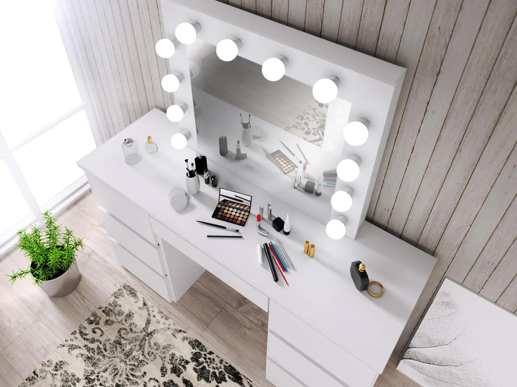 Oglinda machiaj cu 12 becuri LED, lumina neutra, 80x10x65 cm, alb