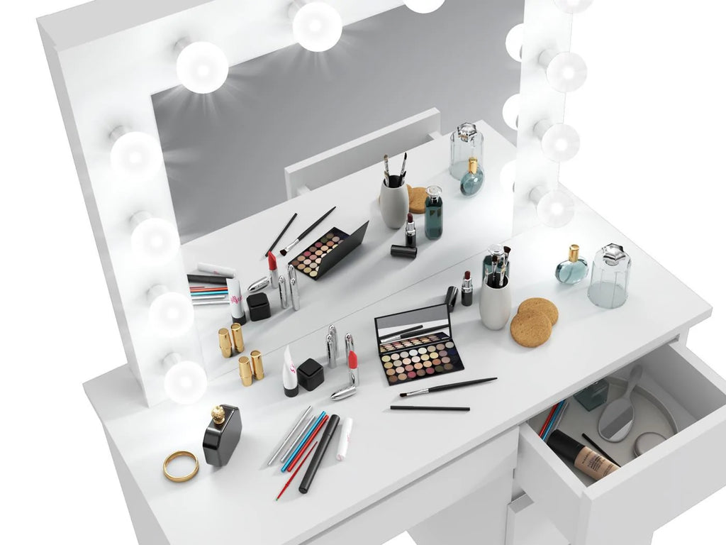 Masa de toaleta si machiaj Hollywood cu oglinda LED si 4 sertare, 94x43x140 cm, alb mat