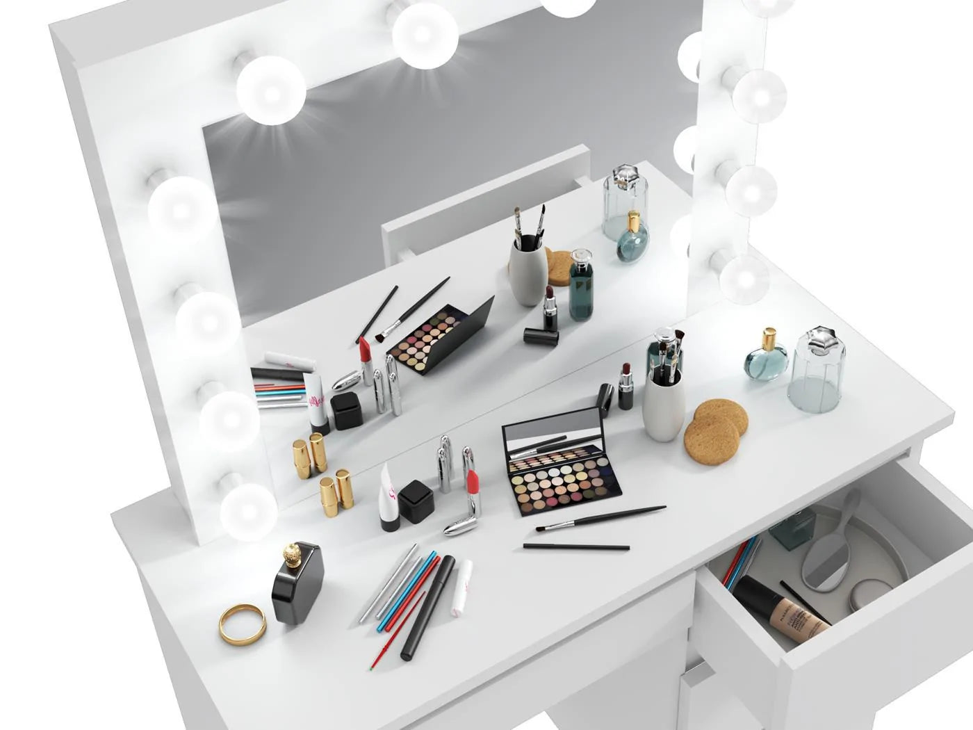 Masa de toaleta si machiaj Hollywood cu oglinda LED si 4 sertare, 94x43x140 cm, alb mat