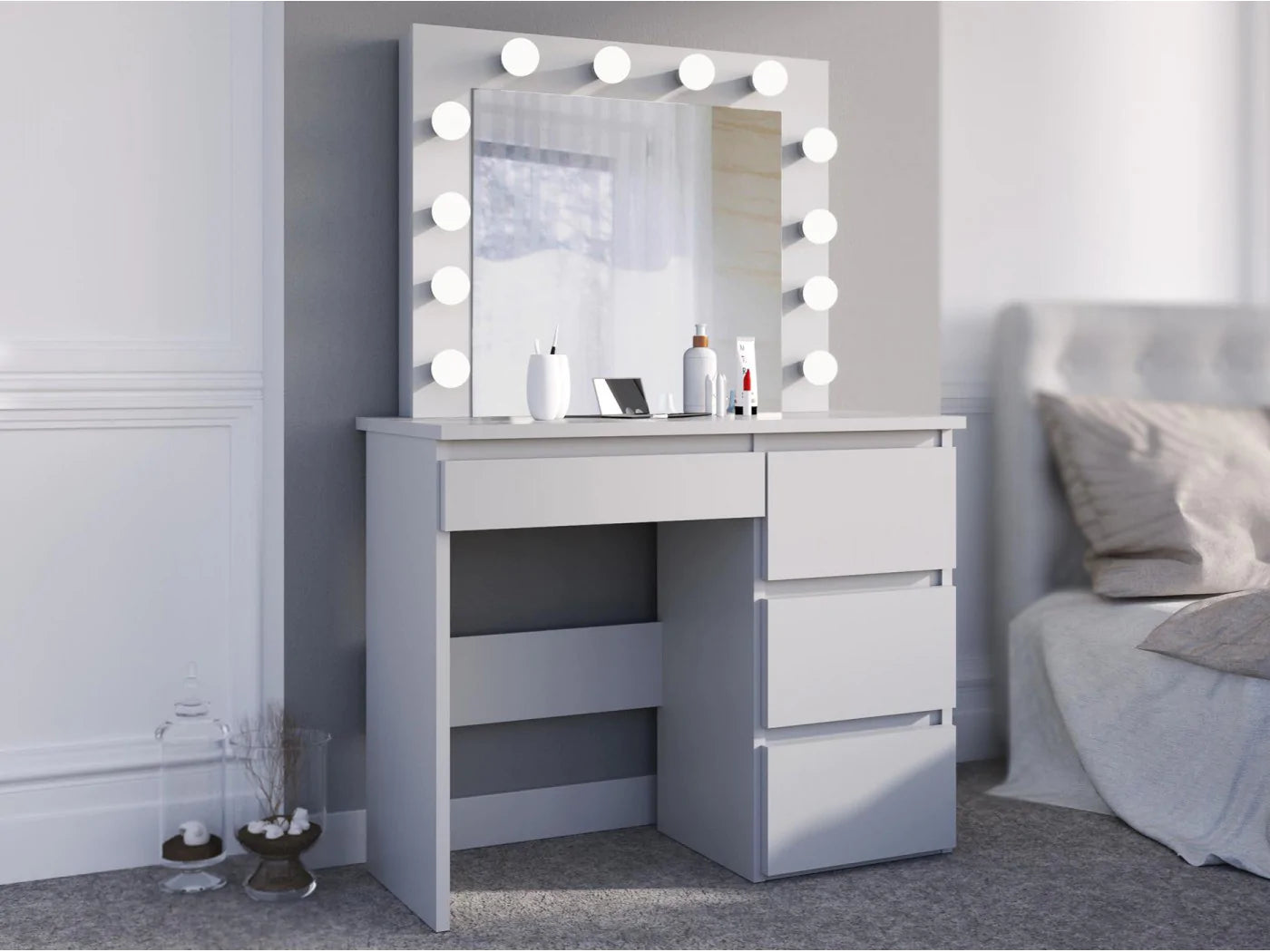 Masa de toaleta si machiaj Hollywood cu oglinda LED si 4 sertare, 94x43x140 cm, alb mat