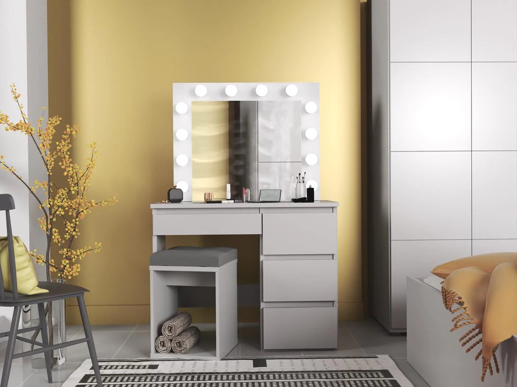 Masa de toaleta si machiaj Hollywood cu oglinda LED si 4 sertare, 94x43x140 cm, alb mat