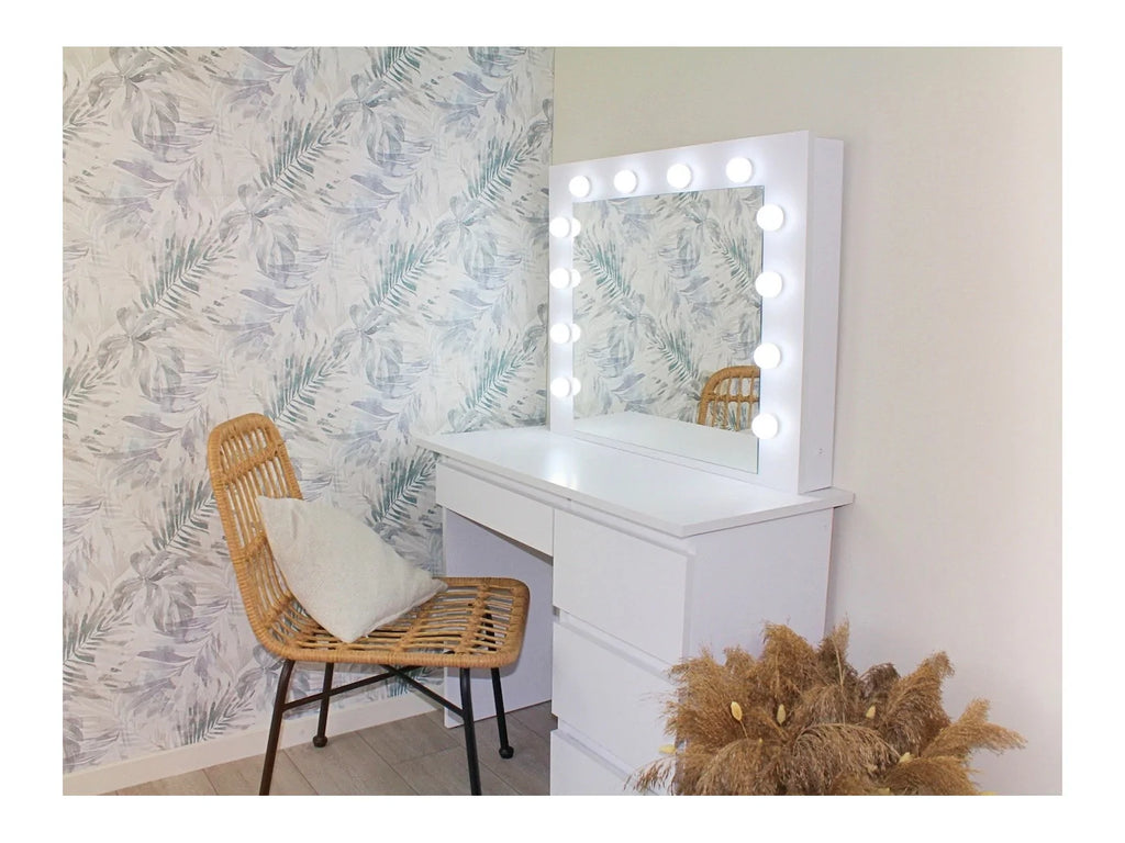 Masa de toaleta si machiaj Hollywood cu oglinda LED si 4 sertare, 94x43x140 cm, alb mat