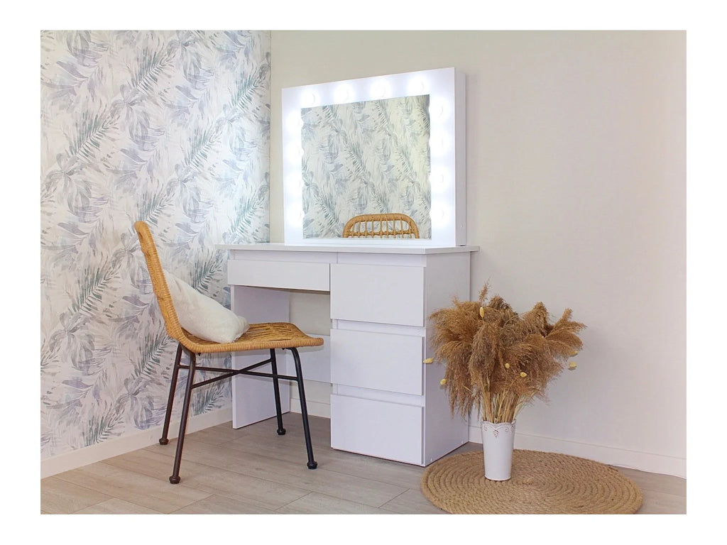 Masa de toaleta si machiaj Hollywood cu oglinda LED si 4 sertare, 94x43x140 cm, alb mat