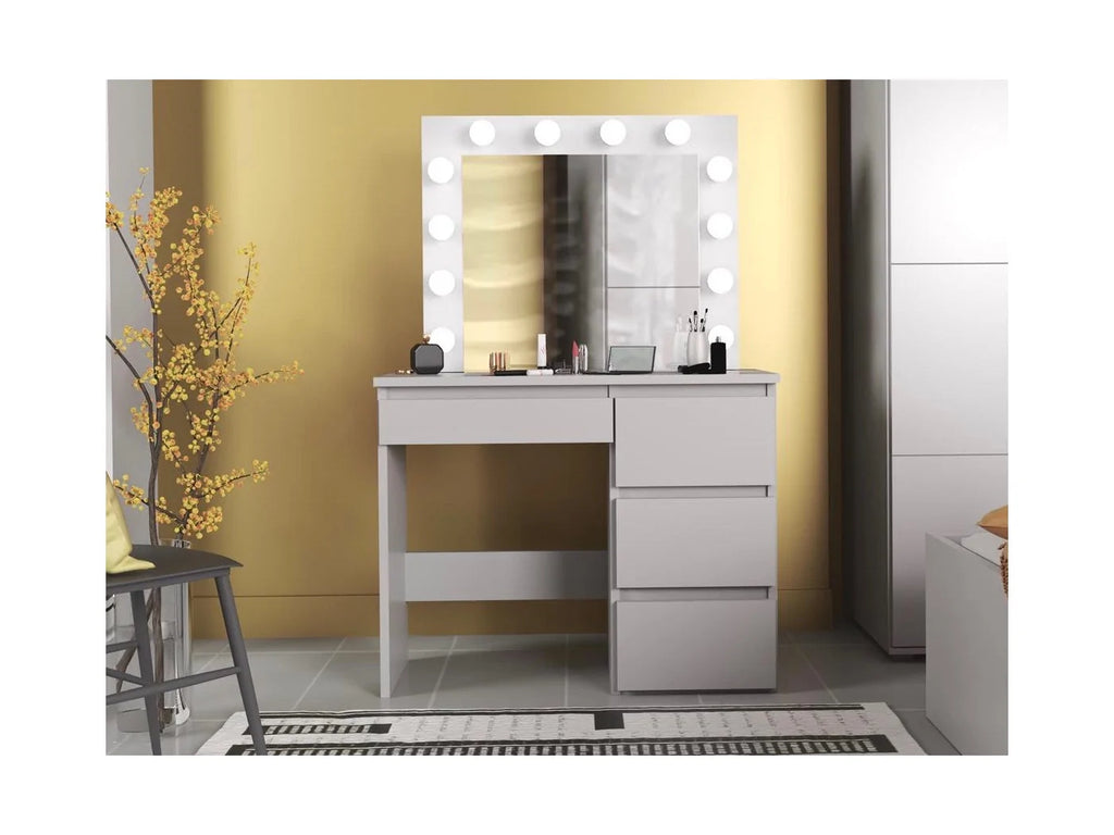 Masa de toaleta si machiaj Hollywood cu oglinda LED si 4 sertare, 94x43x140 cm, alb mat